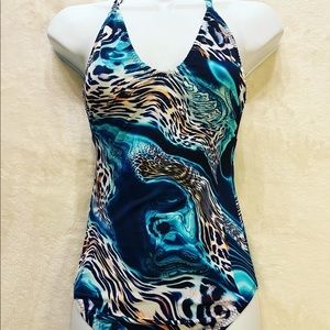 S/M Halter 1pc Handmade Swimsuit Blue Animal Print